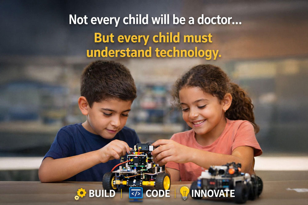 Children learning technology skills, coding and AI education for future careers